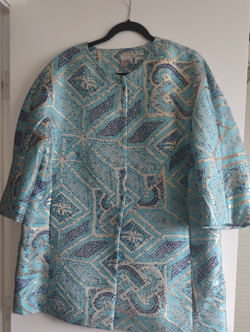 Chico's Teal, Navy & Gold Patterned Button-Front Top